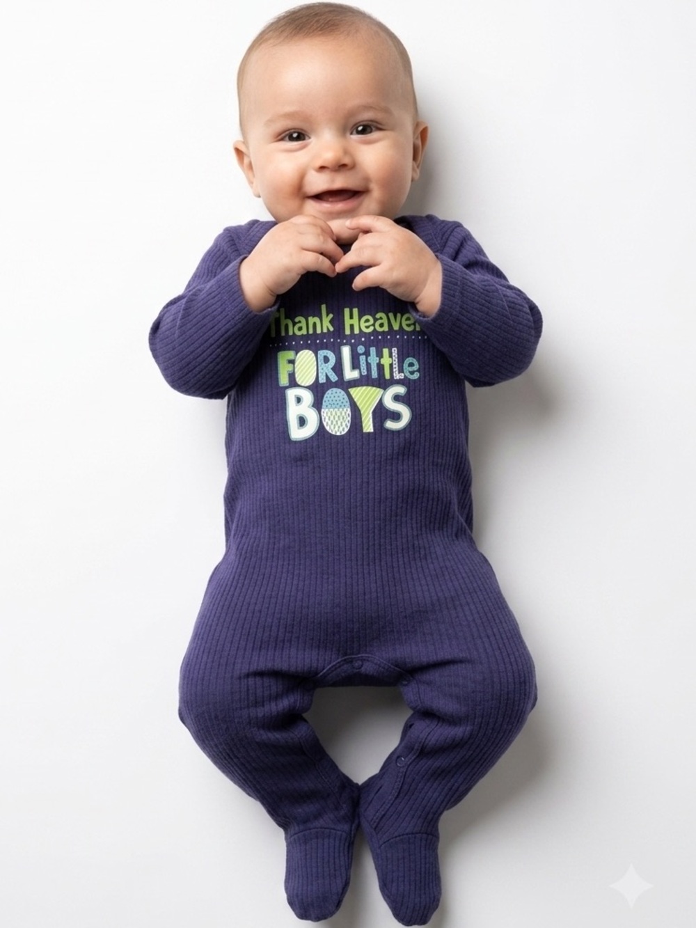 🎉 (0-3m) Millie & Myles Navy Blue “Thank Heaven for Little Boys” Footie